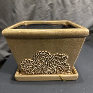 Arts & Crafts Ceramic Planter 8” Provence Cork Glazed Lace Attached Saucer FLAW